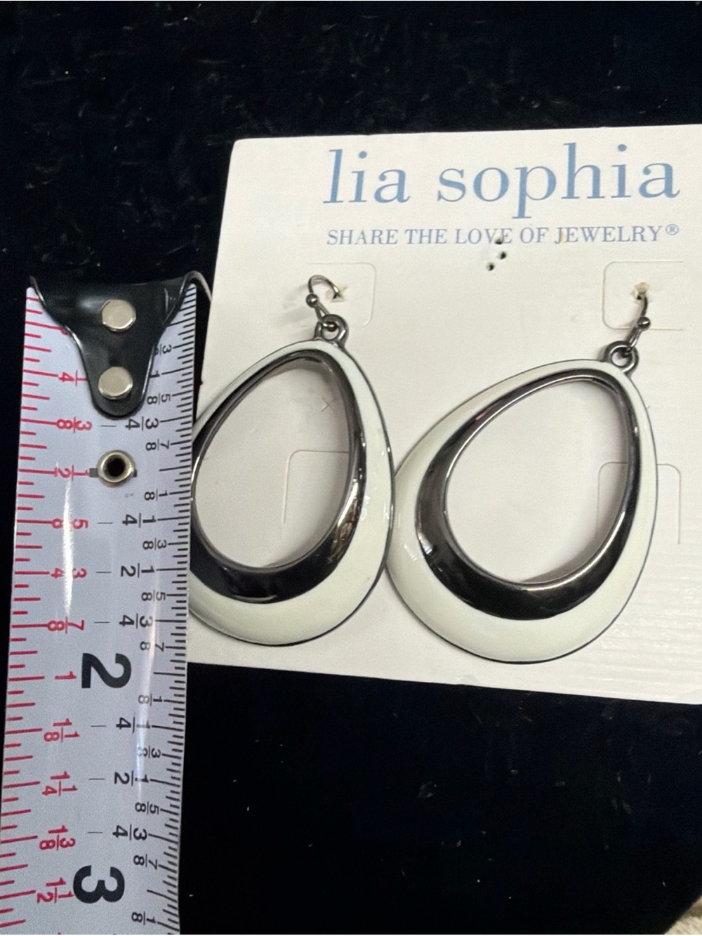 Lia Sophia White and Silver Teardrop Dangle enamel 2” Earrings
